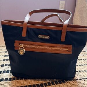 Michael Kors Navy Tote with Brown Trim and Gold Hardware